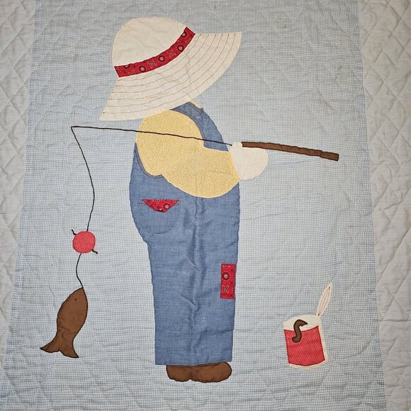 VTG Overall Sam Gone Fishing Blue Quilt Blanket Toddler Coverlet 44 X 60" - Picture 2 of 12